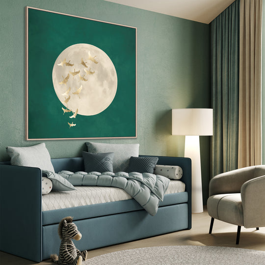 Golden Cranes Teal Sky