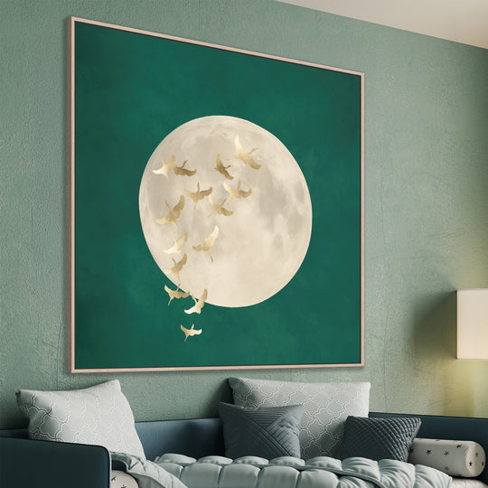 Golden Cranes Teal Sky