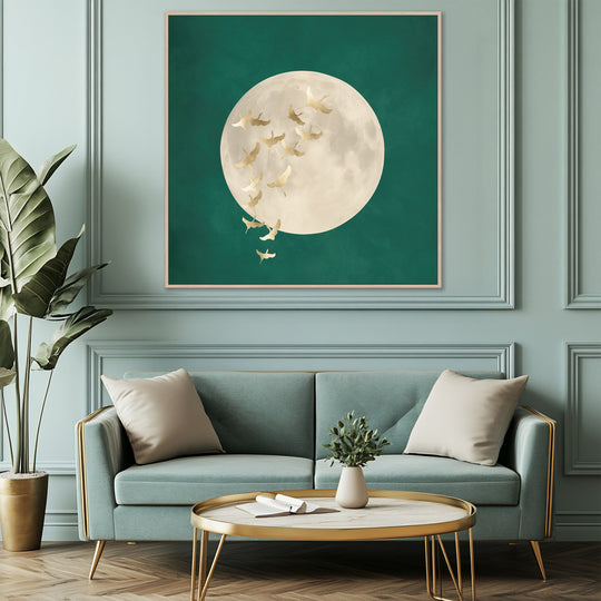 Golden Cranes Teal Sky