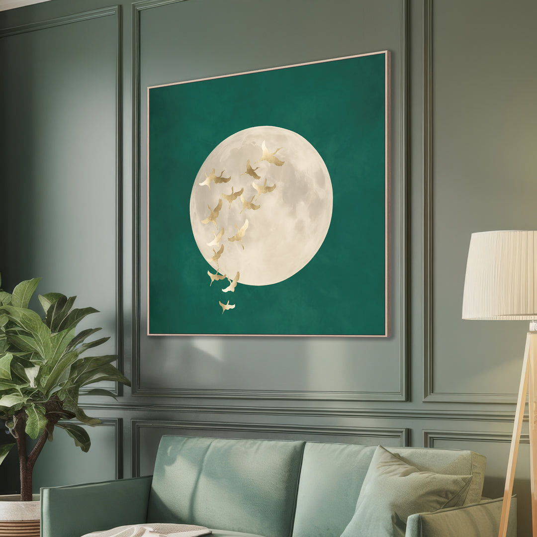 Golden Cranes Teal Sky