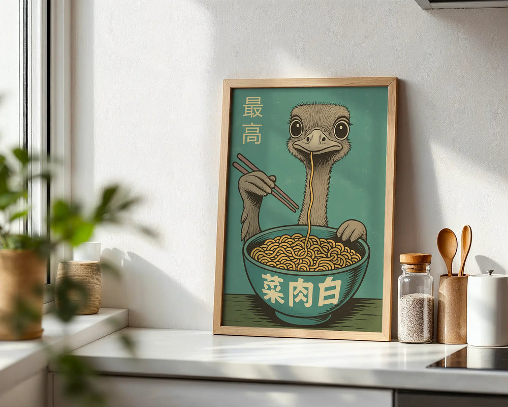 Playful Ostrich Eating Ramen