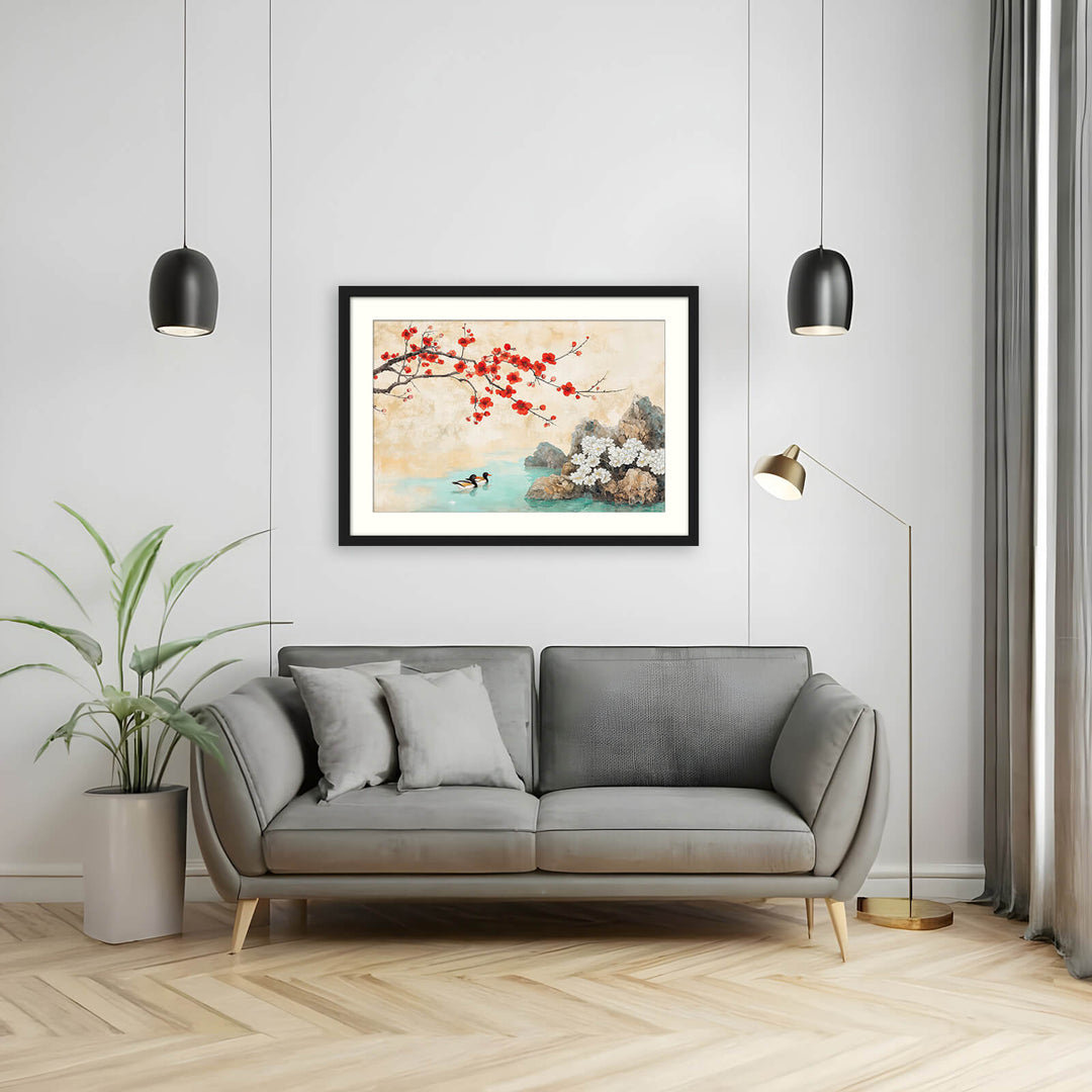 Red Cherry Blossom with Ducks