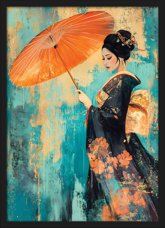 Geisha with Parasol on Teal Texture
