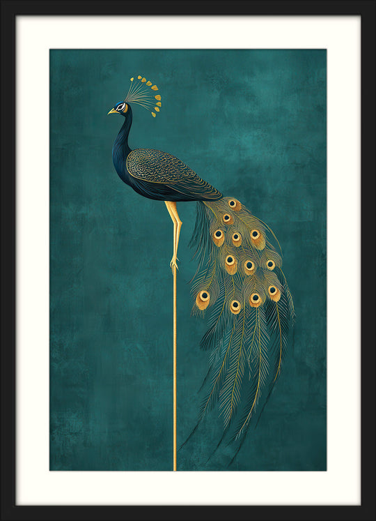 Golden Peacock Elegance on Teal Background