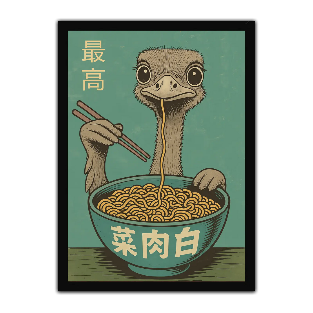 Playful Ostrich Eating Ramen