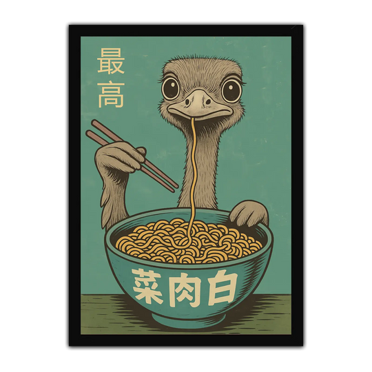 Playful Ostrich Eating Ramen