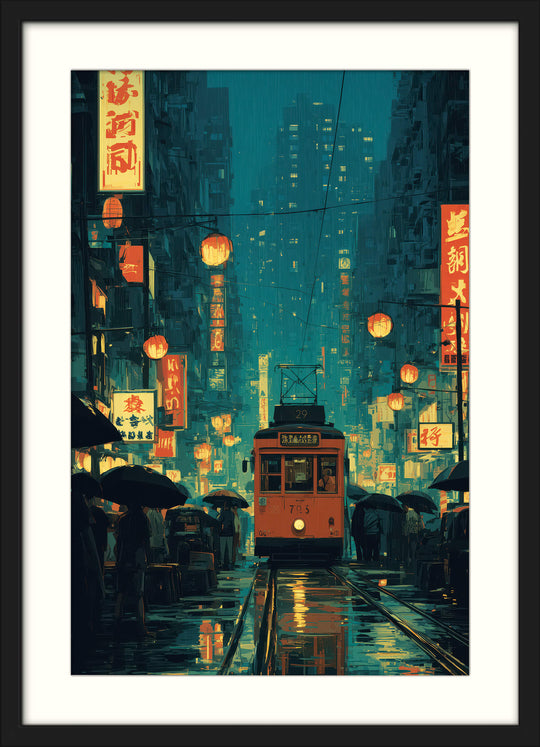 Rainy Neon Tram Scene