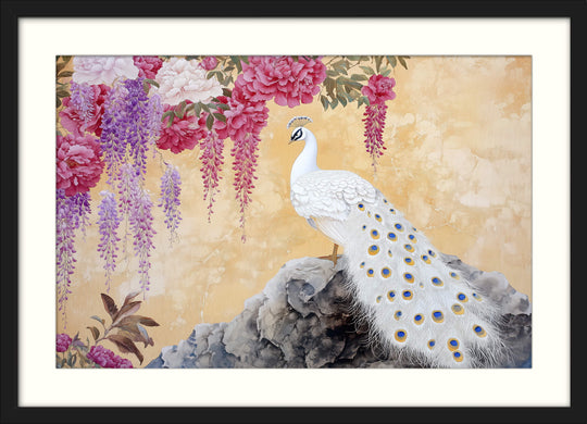Peacock with Wisteria & Peonies