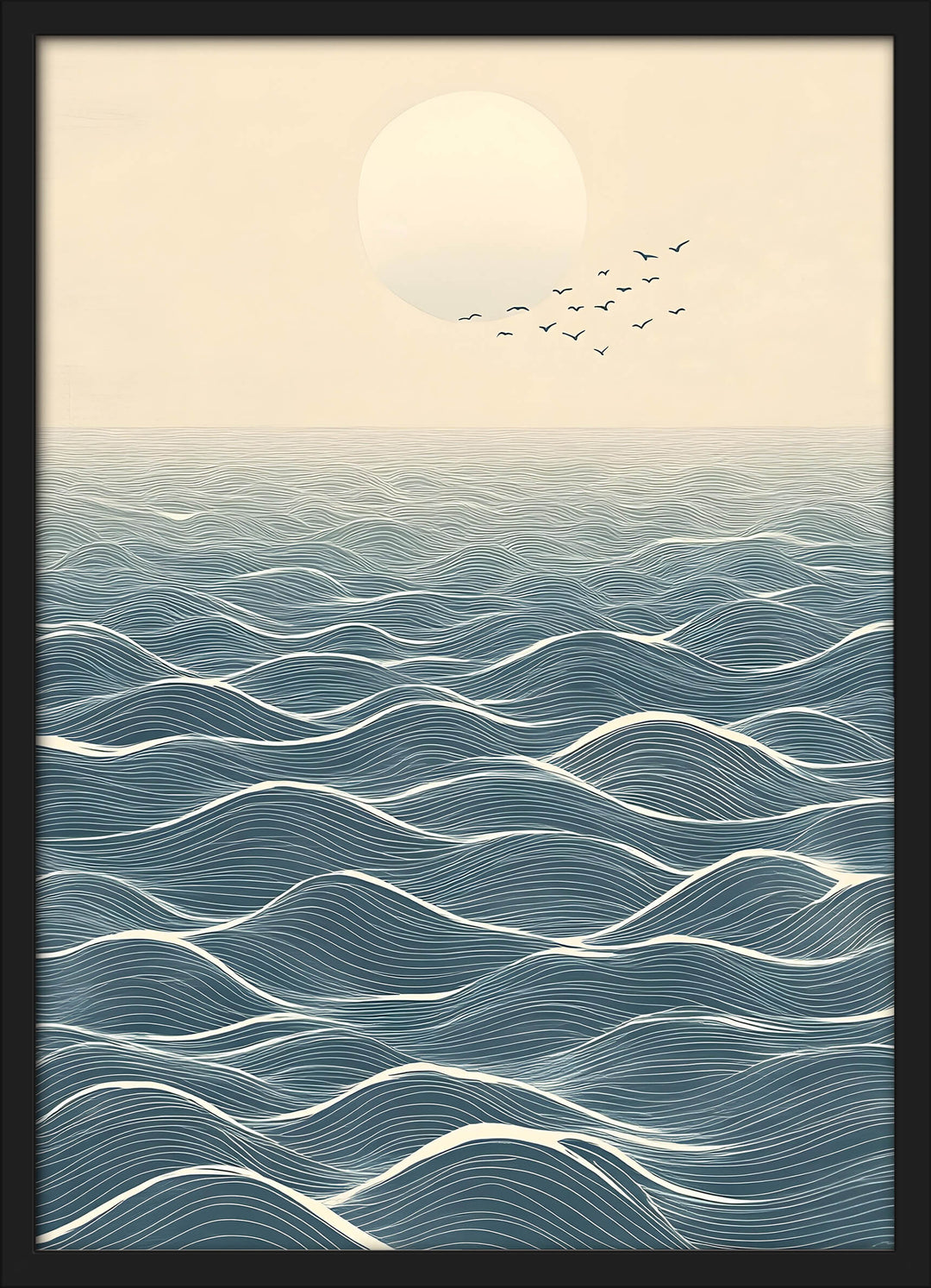 Japanese Ocean Horizon with Moon and Birds