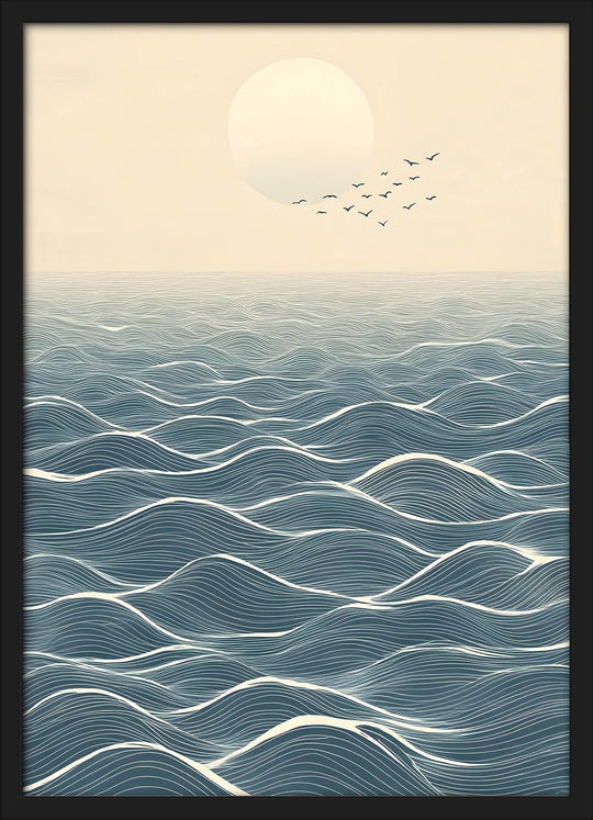 Japanese Ocean Horizon with Moon and Birds