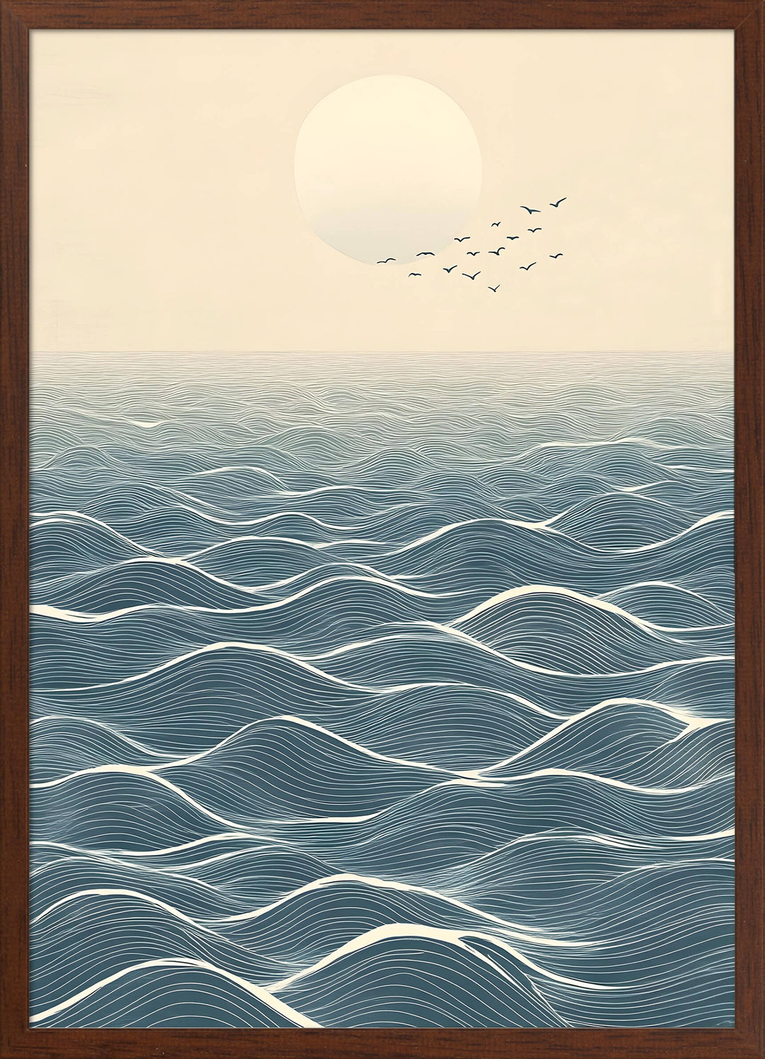 Japanese Ocean Horizon with Moon and Birds