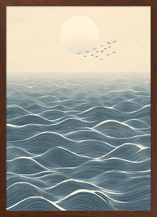 Japanese Ocean Horizon with Moon and Birds