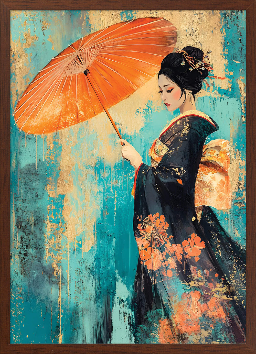 Geisha with Parasol on Teal Texture