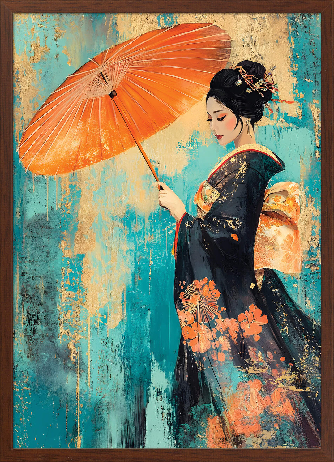 Geisha with Parasol on Teal Texture