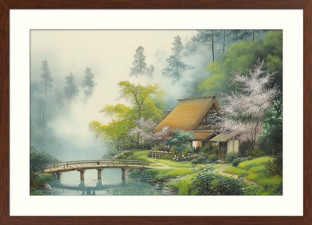 Japanese Thatched House in Misty Forest