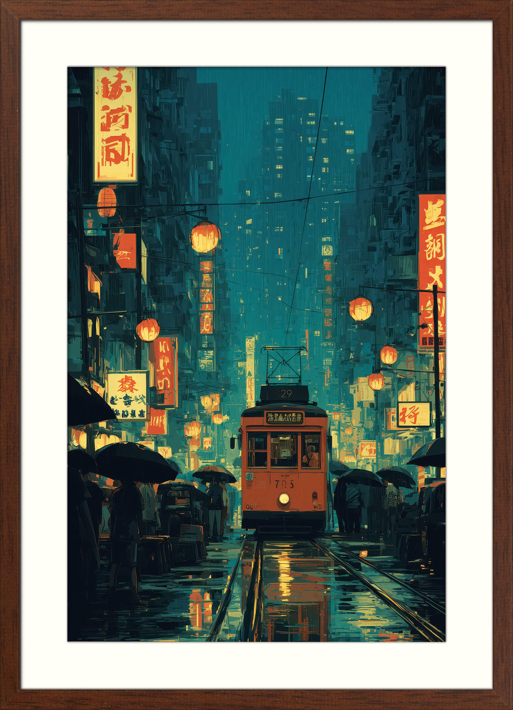 Rainy Neon Tram Scene