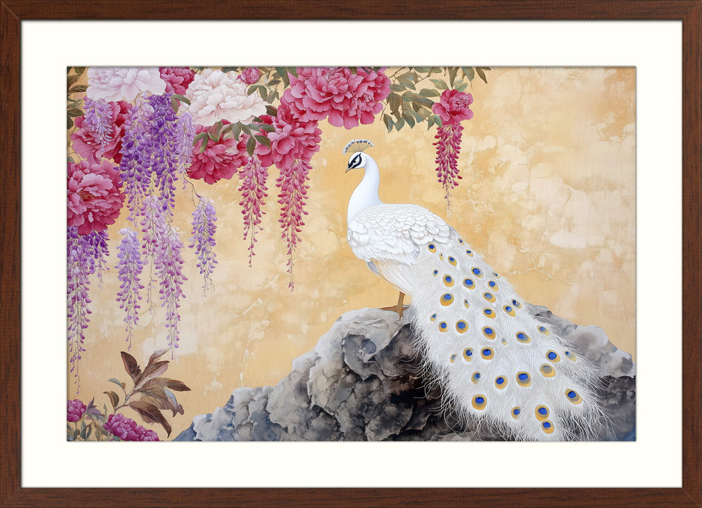 Peacock with Wisteria & Peonies