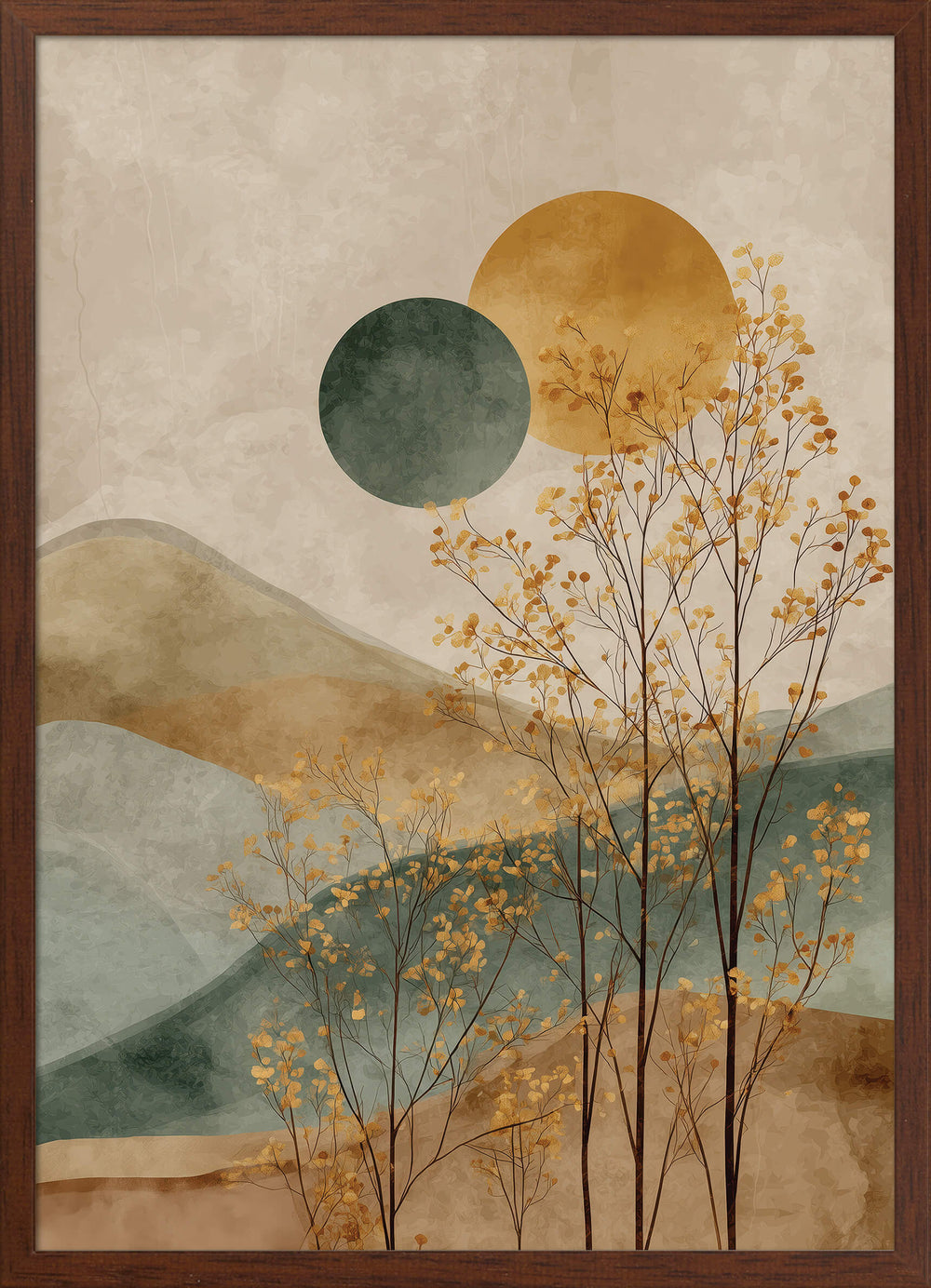 Abstract Japanese Landscape with Trees and Moons