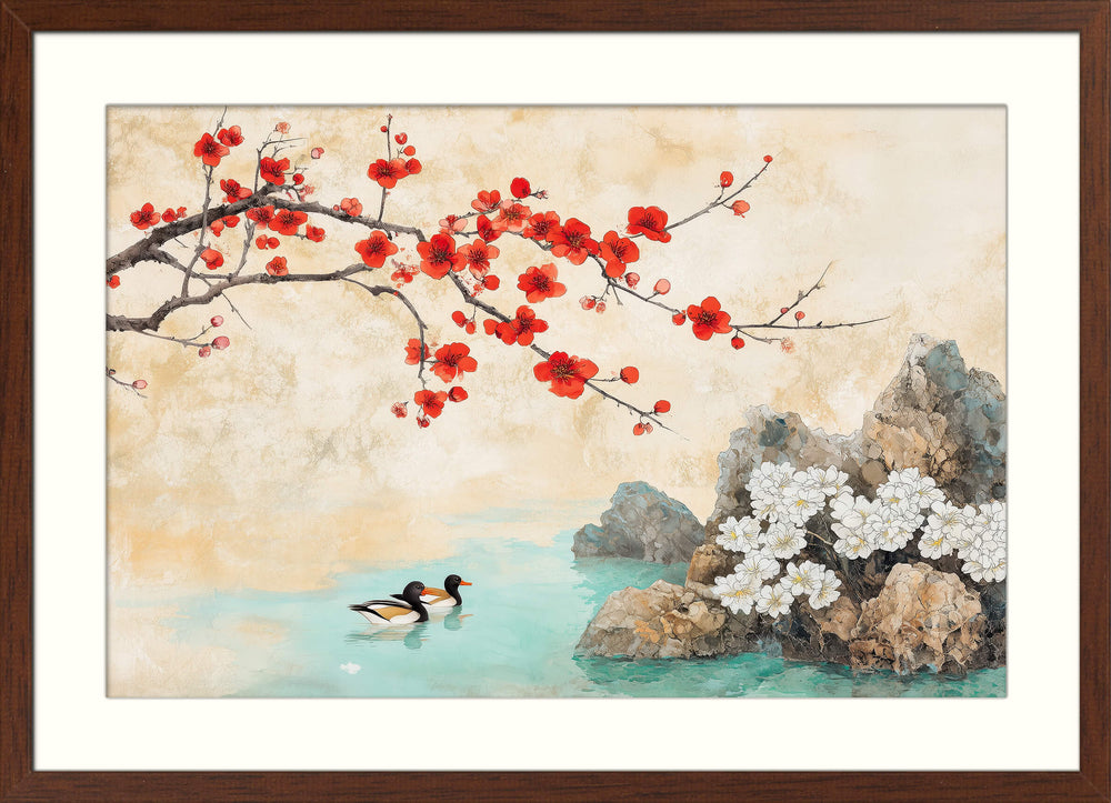 Red Cherry Blossom with Ducks