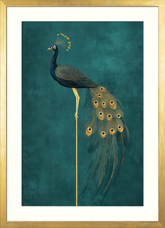 Golden Peacock Elegance on Teal Background