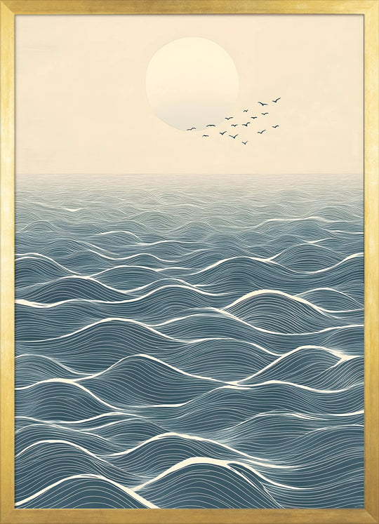 Japanese Ocean Horizon with Moon and Birds