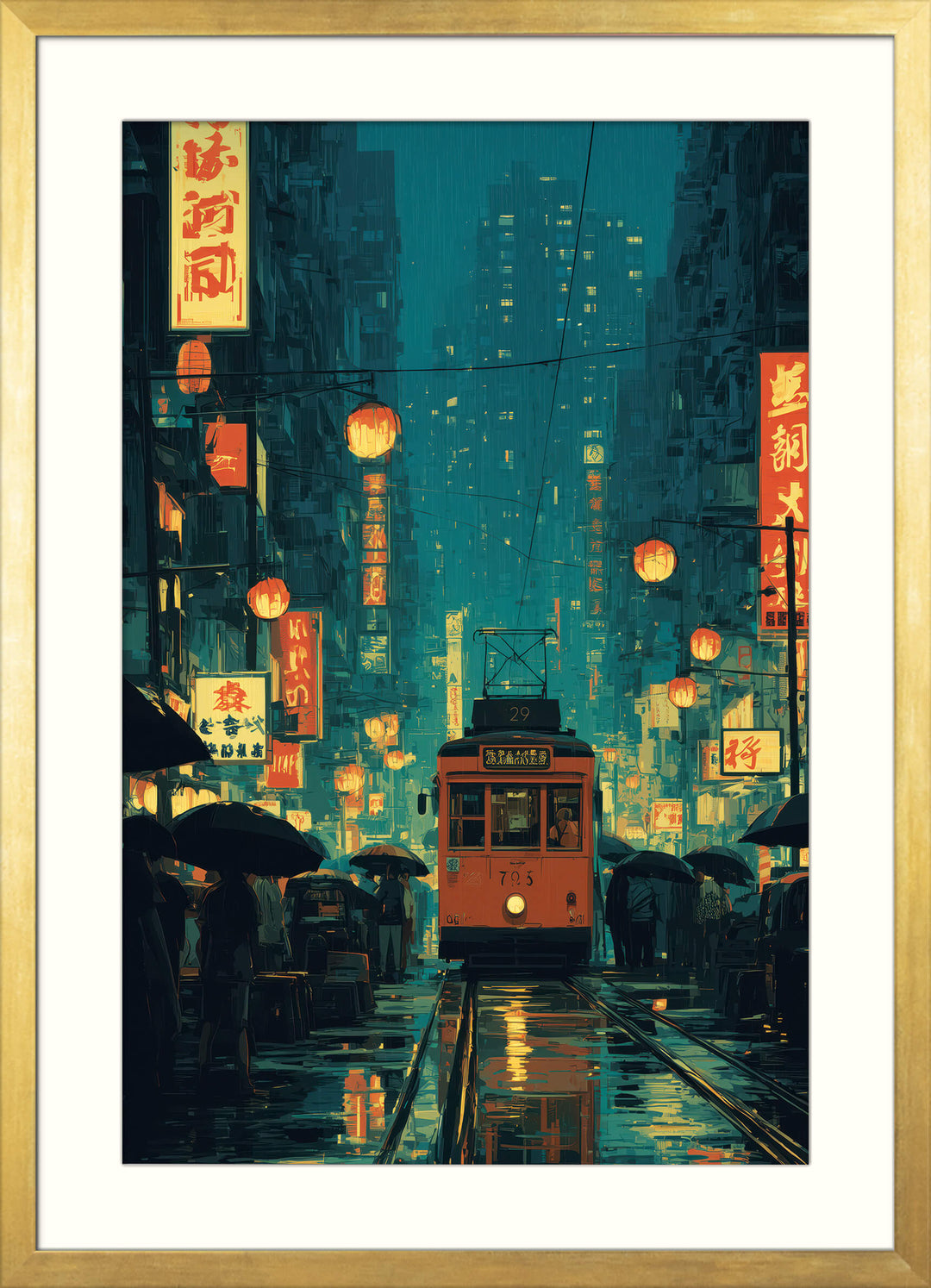 Rainy Neon Tram Scene
