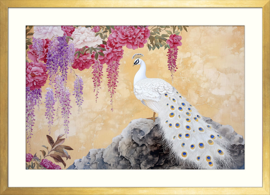 Peacock with Wisteria & Peonies