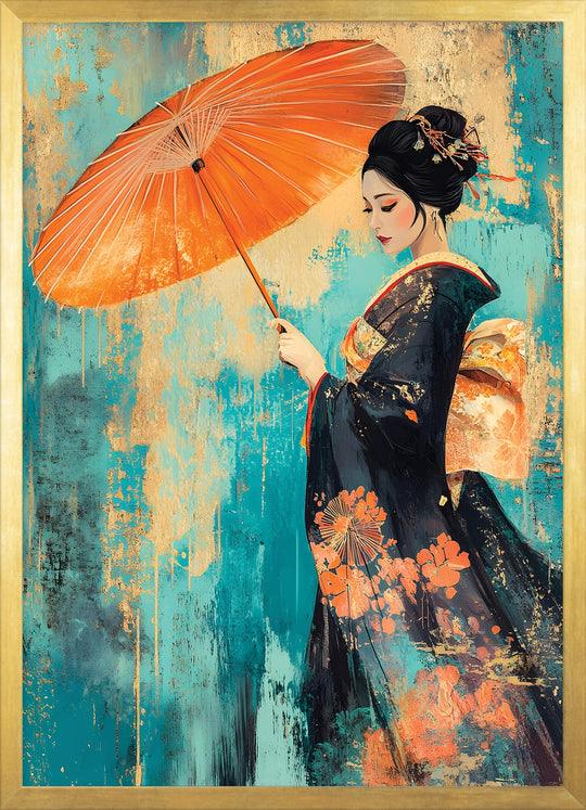 Geisha with Parasol on Teal Texture
