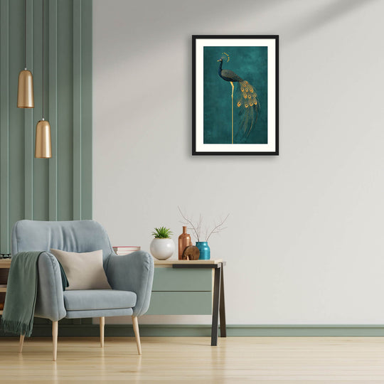 Golden Peacock Elegance on Teal Background