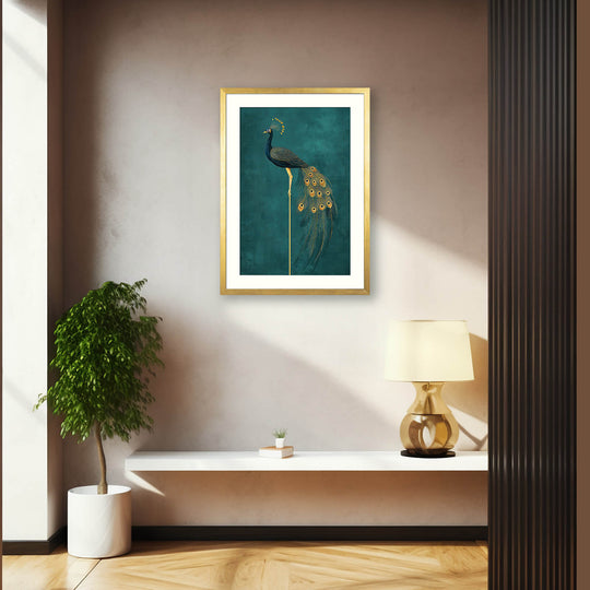 Golden Peacock Elegance on Teal Background