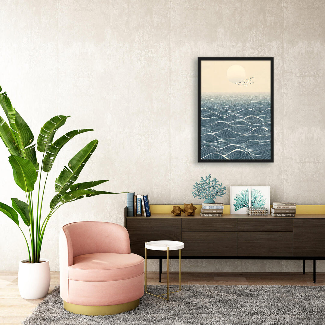 Japanese Ocean Horizon with Moon and Birds