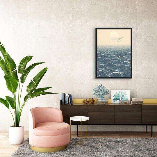 Japanese Ocean Horizon with Moon and Birds