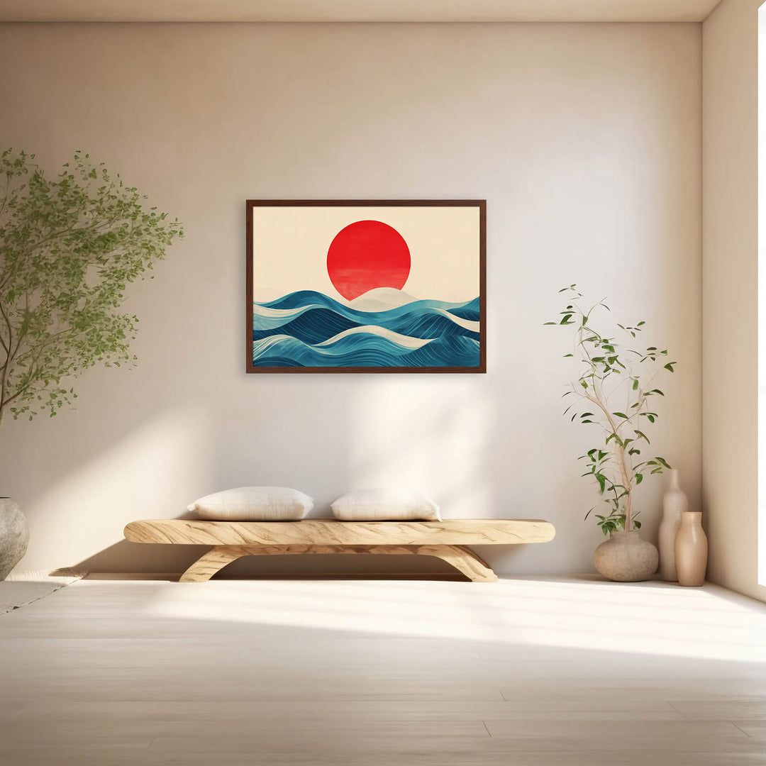 Red Sun Over Rolling Waves
