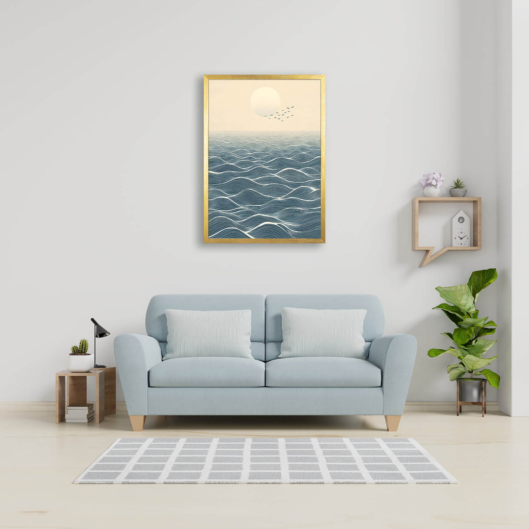 Japanese Ocean Horizon with Moon and Birds