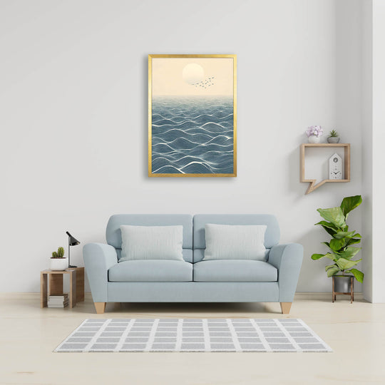 Japanese Ocean Horizon with Moon and Birds