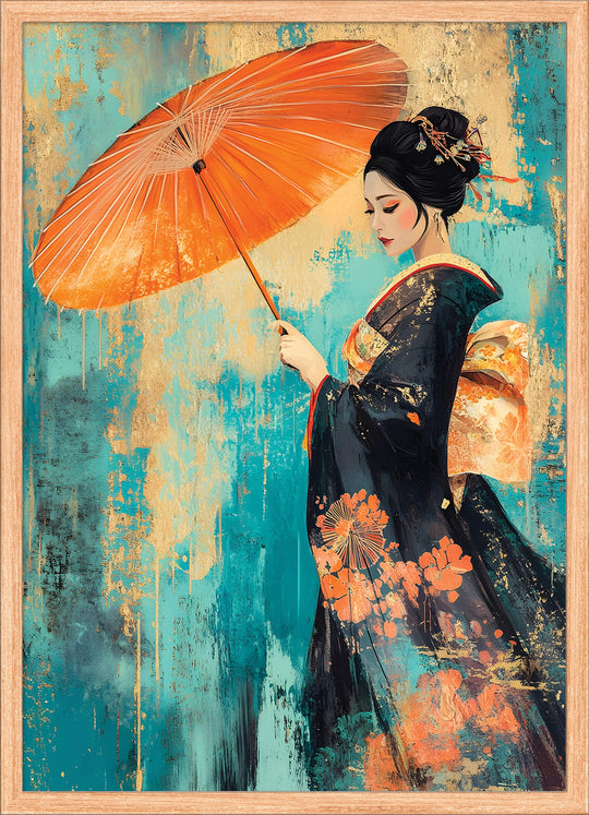 Geisha with Parasol on Teal Texture