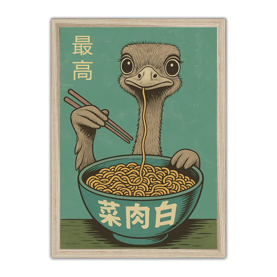 Playful Ostrich Eating Ramen
