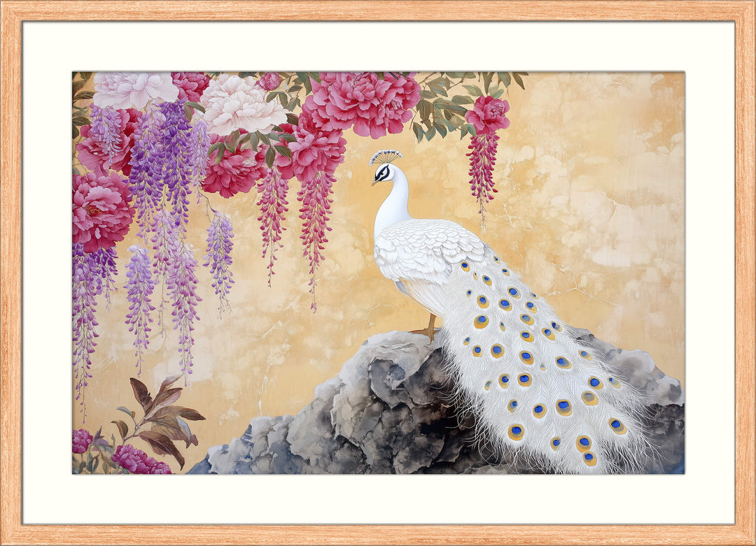 Peacock with Wisteria & Peonies