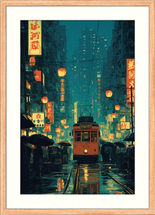 Rainy Neon Tram Scene