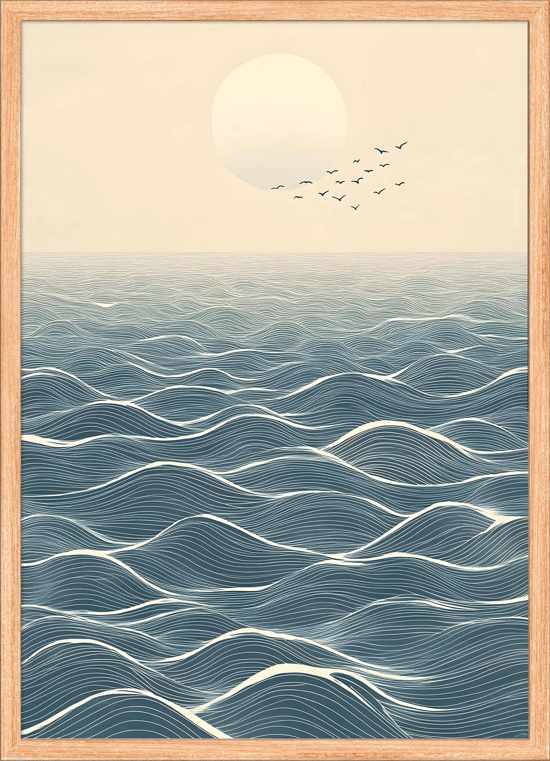 Japanese Ocean Horizon with Moon and Birds