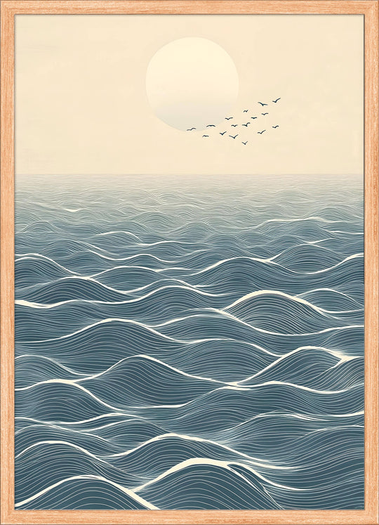 Japanese Ocean Horizon with Moon and Birds