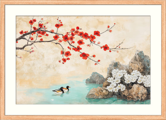 Red Cherry Blossom with Ducks
