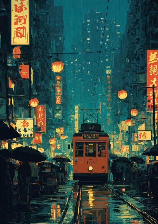 Rainy Neon Tram Scene