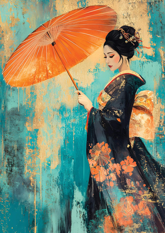 Geisha with Parasol on Teal Texture