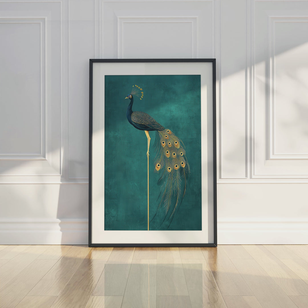 Golden Peacock Elegance on Teal Background