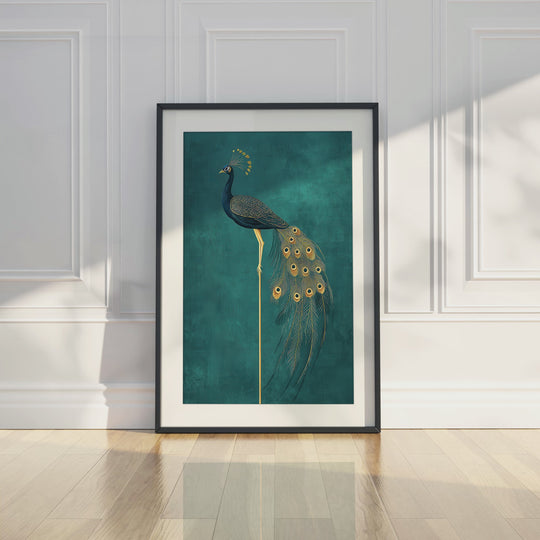 Golden Peacock Elegance on Teal Background