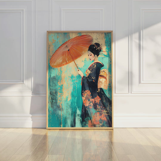 Geisha with Parasol on Teal Texture