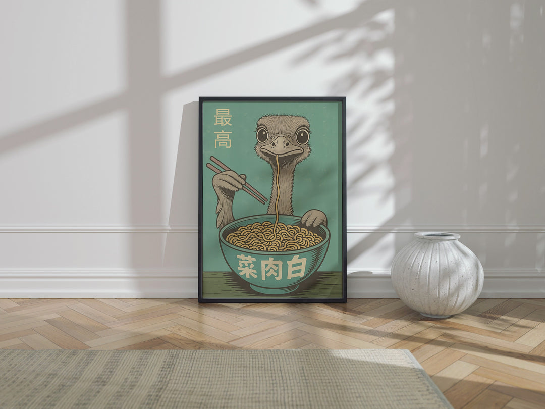 Playful Ostrich Eating Ramen