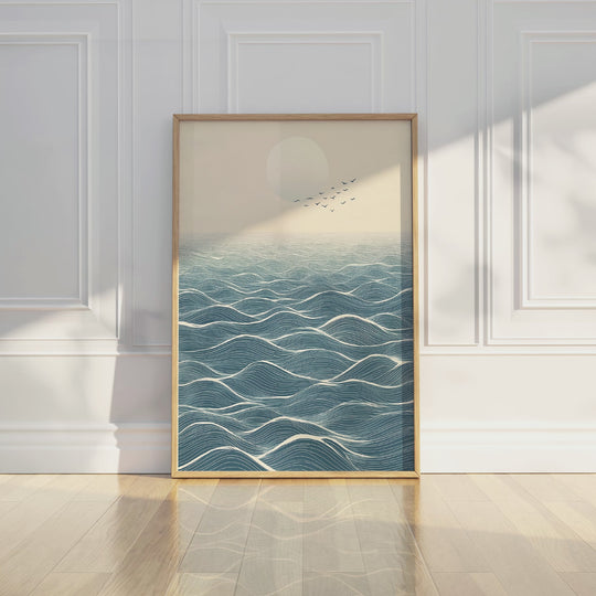 Japanese Ocean Horizon with Moon and Birds