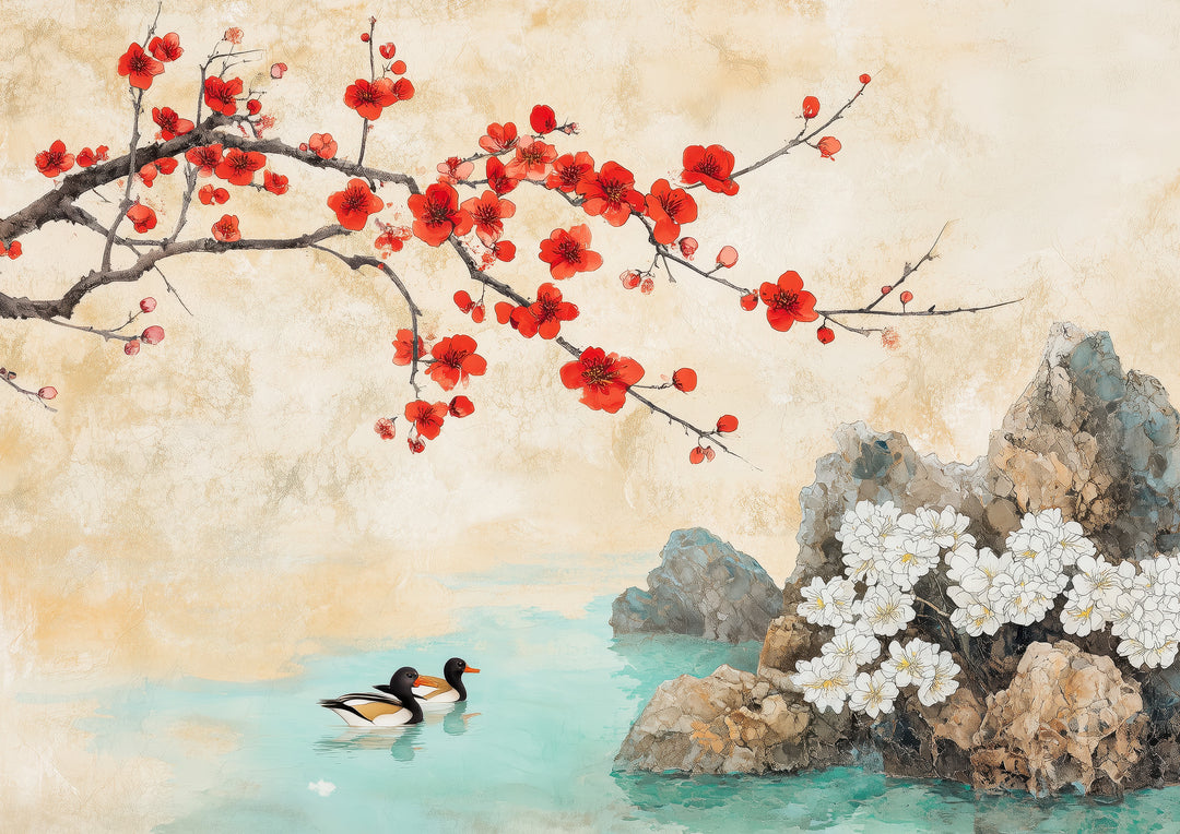 Red Cherry Blossom with Ducks